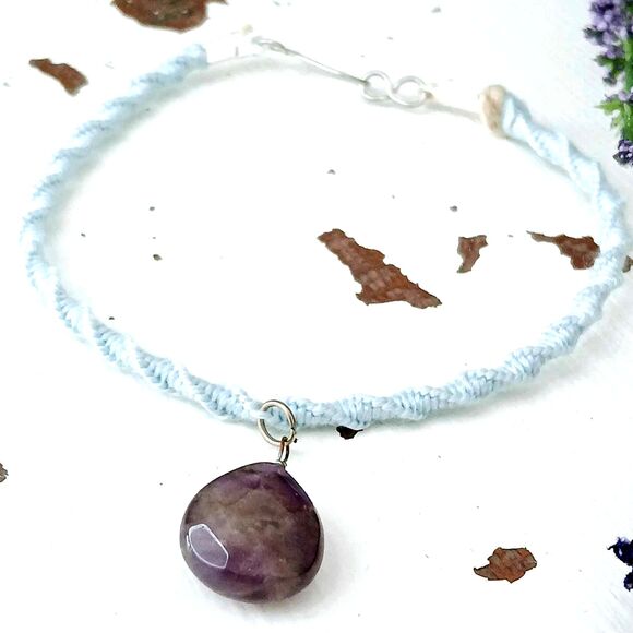 Amethyst Macrame Crystal Charm Bracelet, Dainty Boho Chic Pastel - Picture 3 of 4